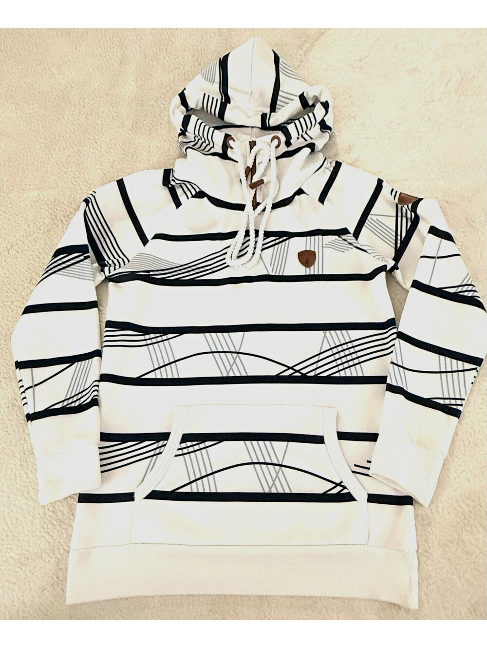 Wanakome Women’s S Ivory Black Striped Quarter Zip Cowl Neck Hoodie